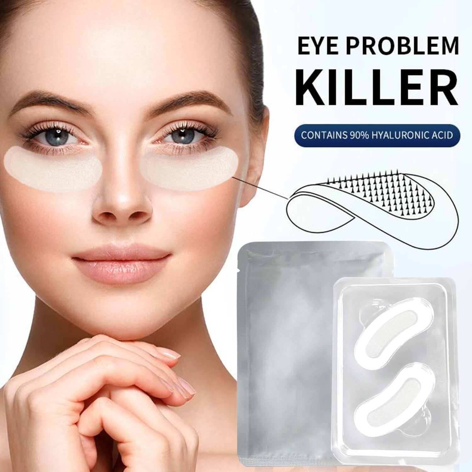 Model wearing Dahr Under Eye Patches to reduce puffiness and hydrate under-eye area