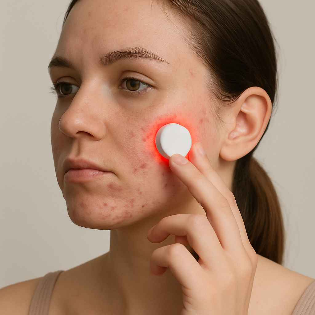 Person wearing the Acne Bye LED Therapy Patch on cheek for acne light therapy.