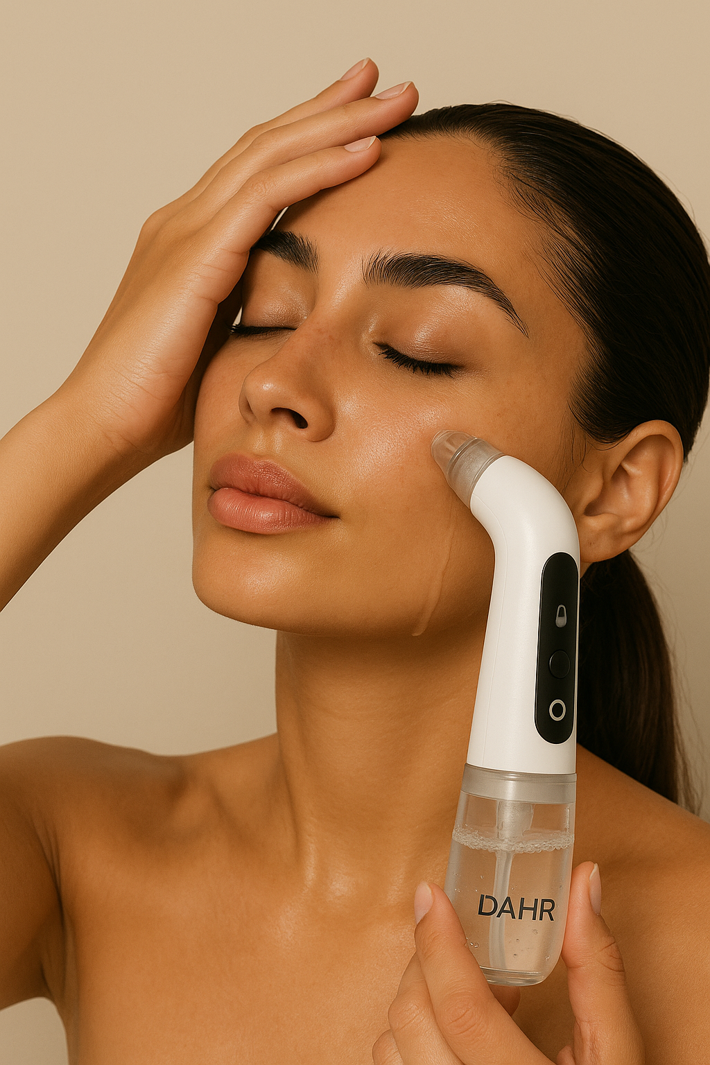 Model using Dahr Blackhead Remover Vacuum on nose for clear skin and pore cleansing