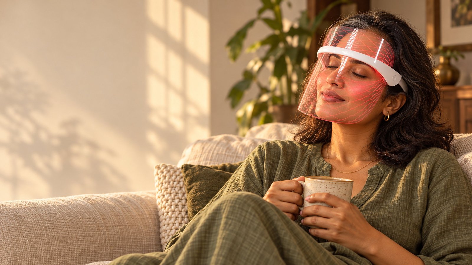 Woman relaxing with the Dahr LED Glass Mask